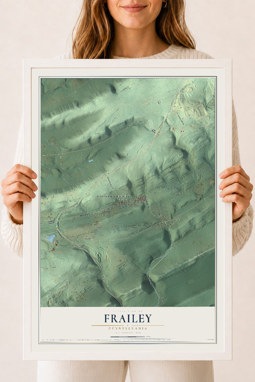 Map of Frailey, Pennsylvania, 18 x 24 inch print in a white wood frame