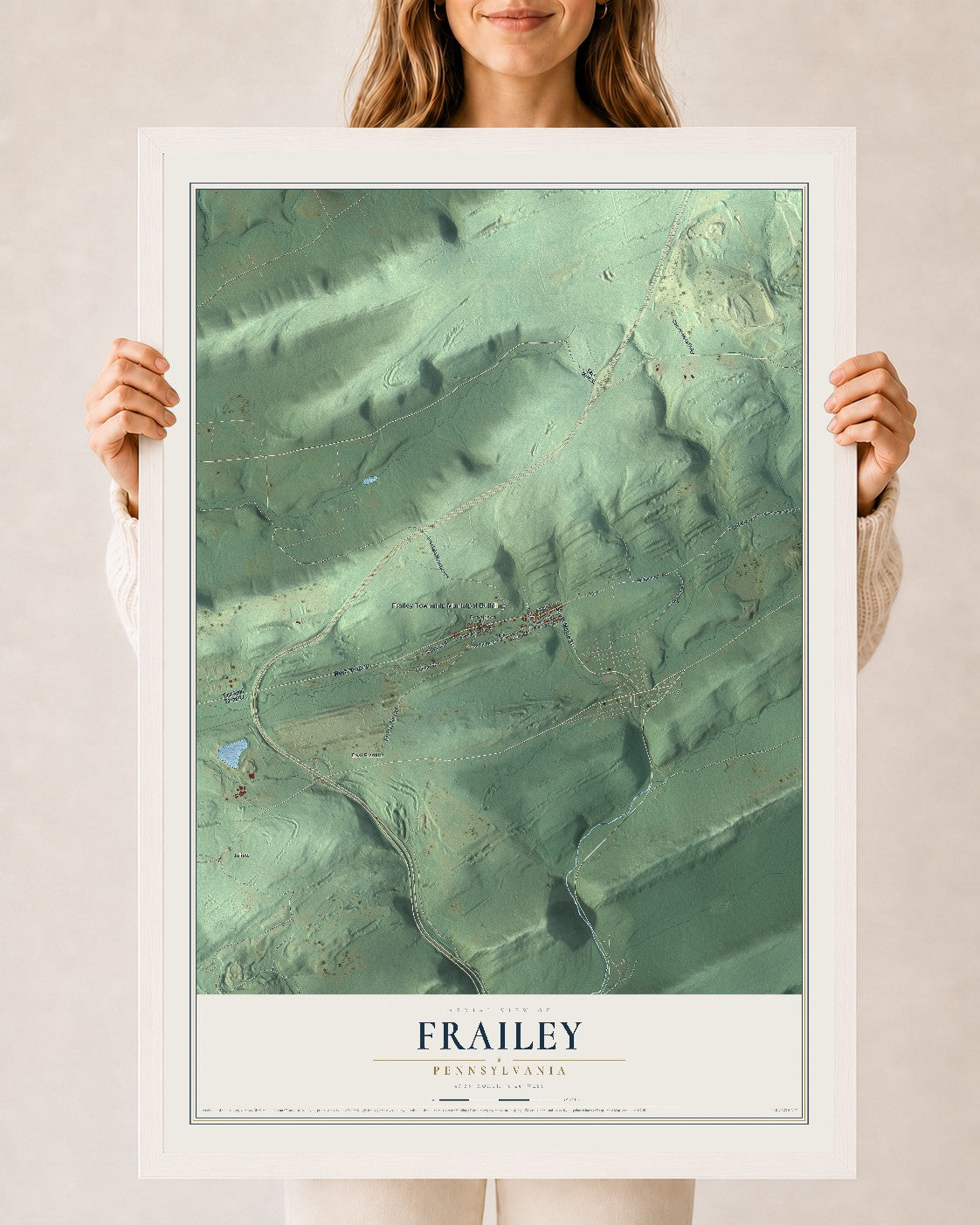 Map of Frailey, Pennsylvania, 24 x 36 inch print in a white wood frame