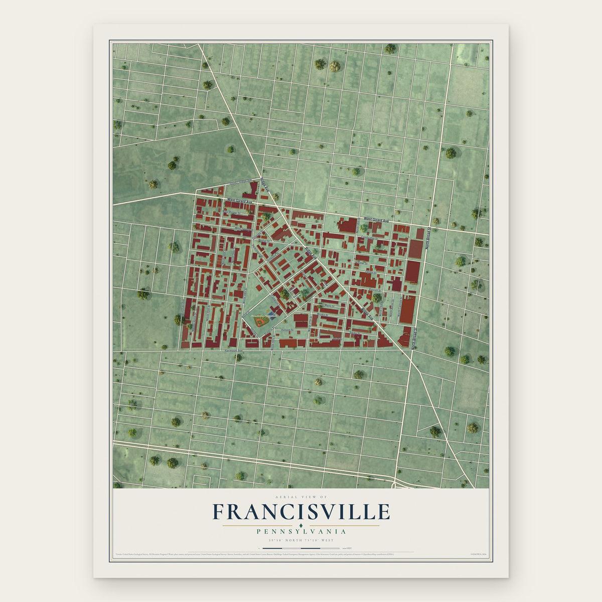 Francisville, Pennsylvania map print, the full design