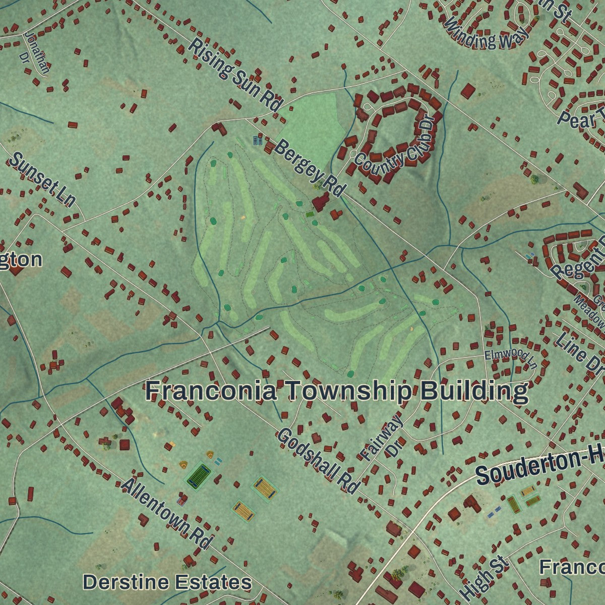 Close-up of the map of Franconia, Pennsylvania print showing street and building detail