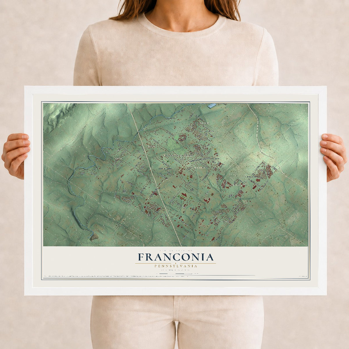 Map of Franconia, Pennsylvania, 12 x 18 inch print in a white wood frame