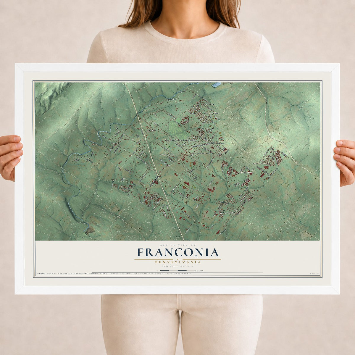 Map of Franconia, Pennsylvania, 18 x 24 inch print in a white wood frame
