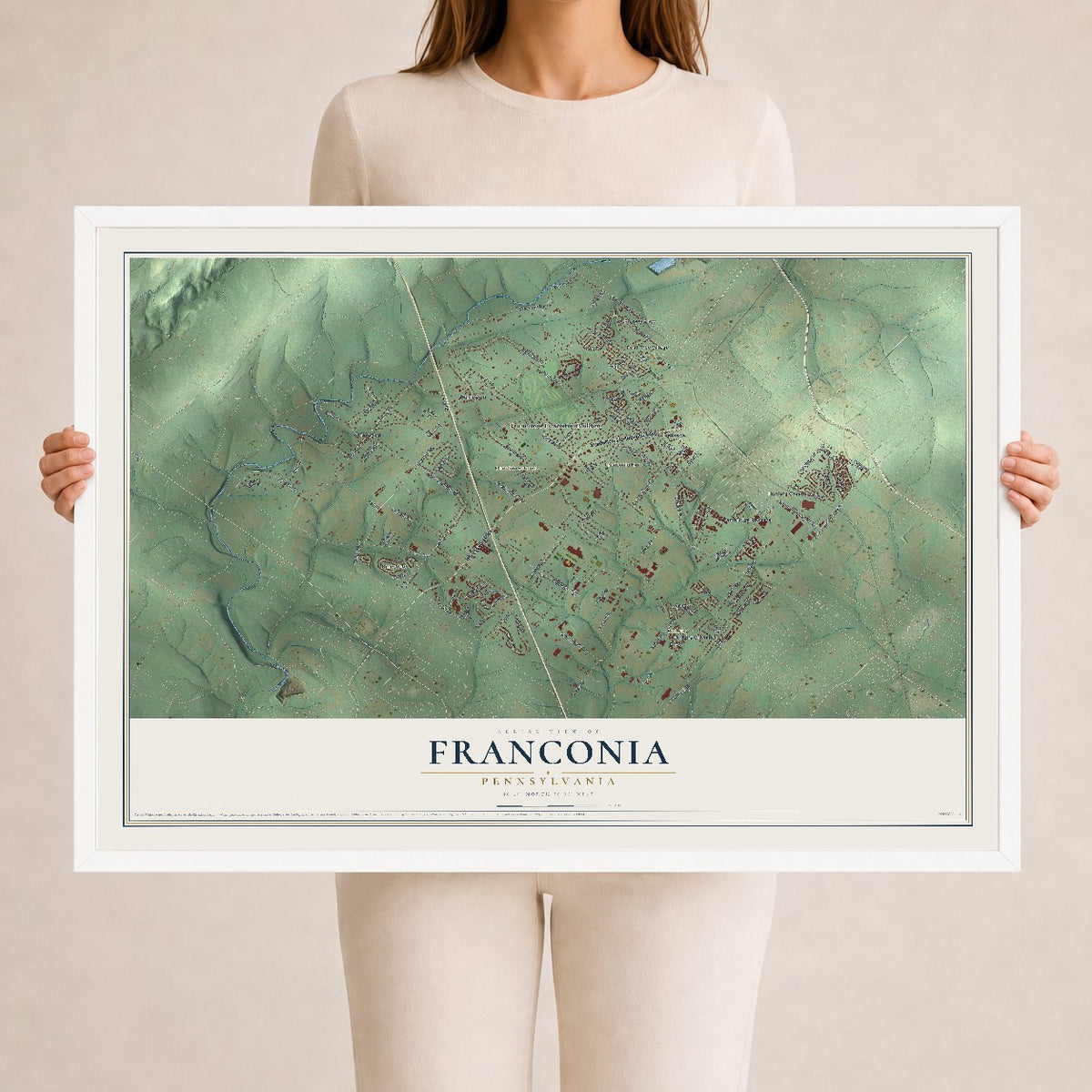 Map of Franconia, Pennsylvania, 24 x 36 inch print in a white wood frame