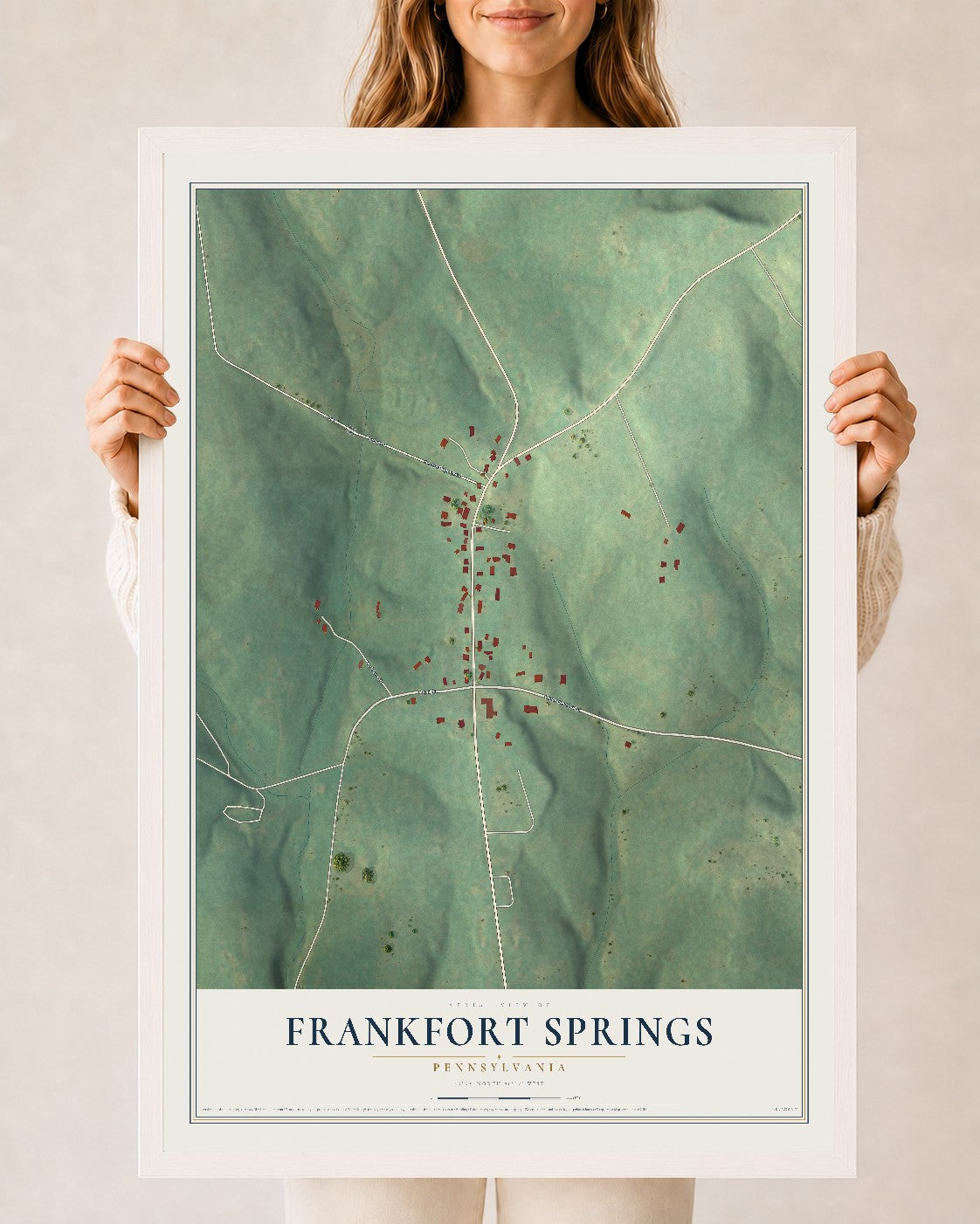 Map of Frankfort Springs, Pennsylvania, 24 x 36 inch print in a white wood frame