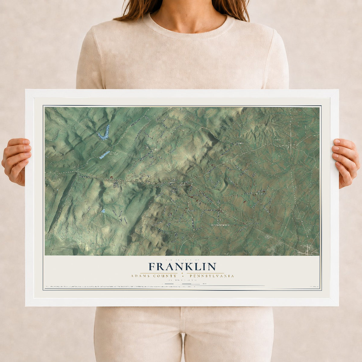 Map of Franklin, Adams County, Pennsylvania, 12 x 18 inch print in a white wood frame