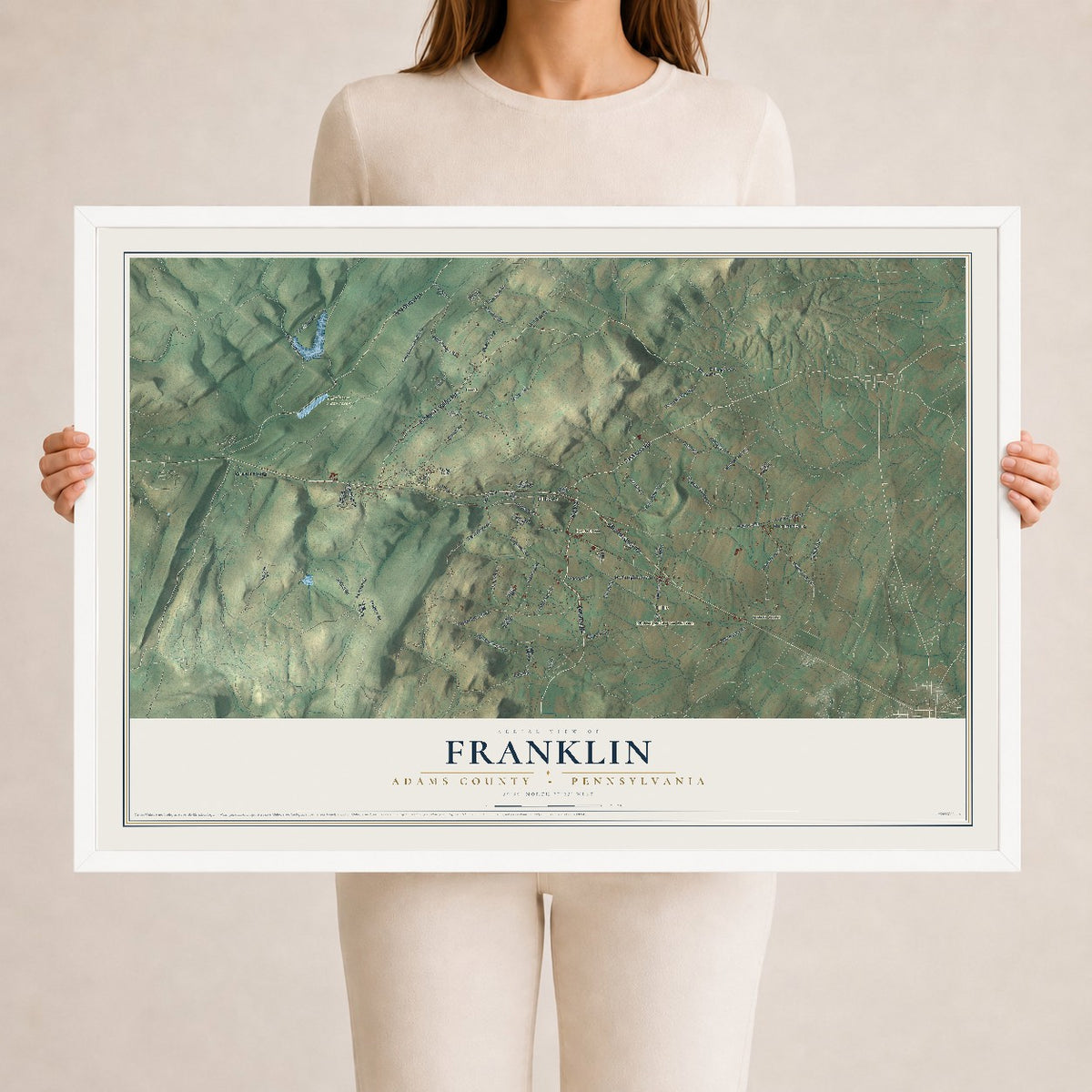 Map of Franklin, Adams County, Pennsylvania, 24 x 36 inch print in a white wood frame