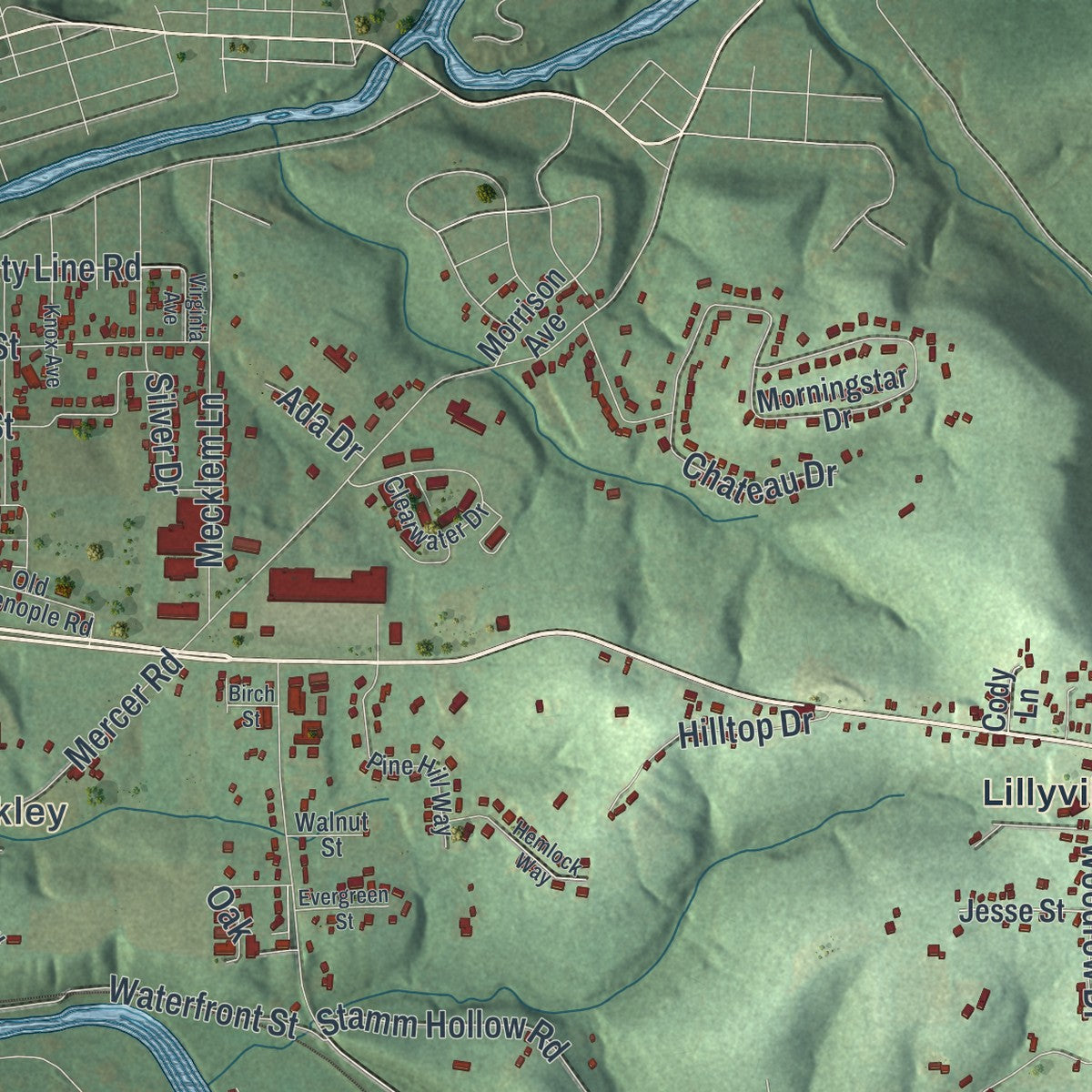 Close-up of the map of Franklin, Beaver County, Pennsylvania print showing street and building detail