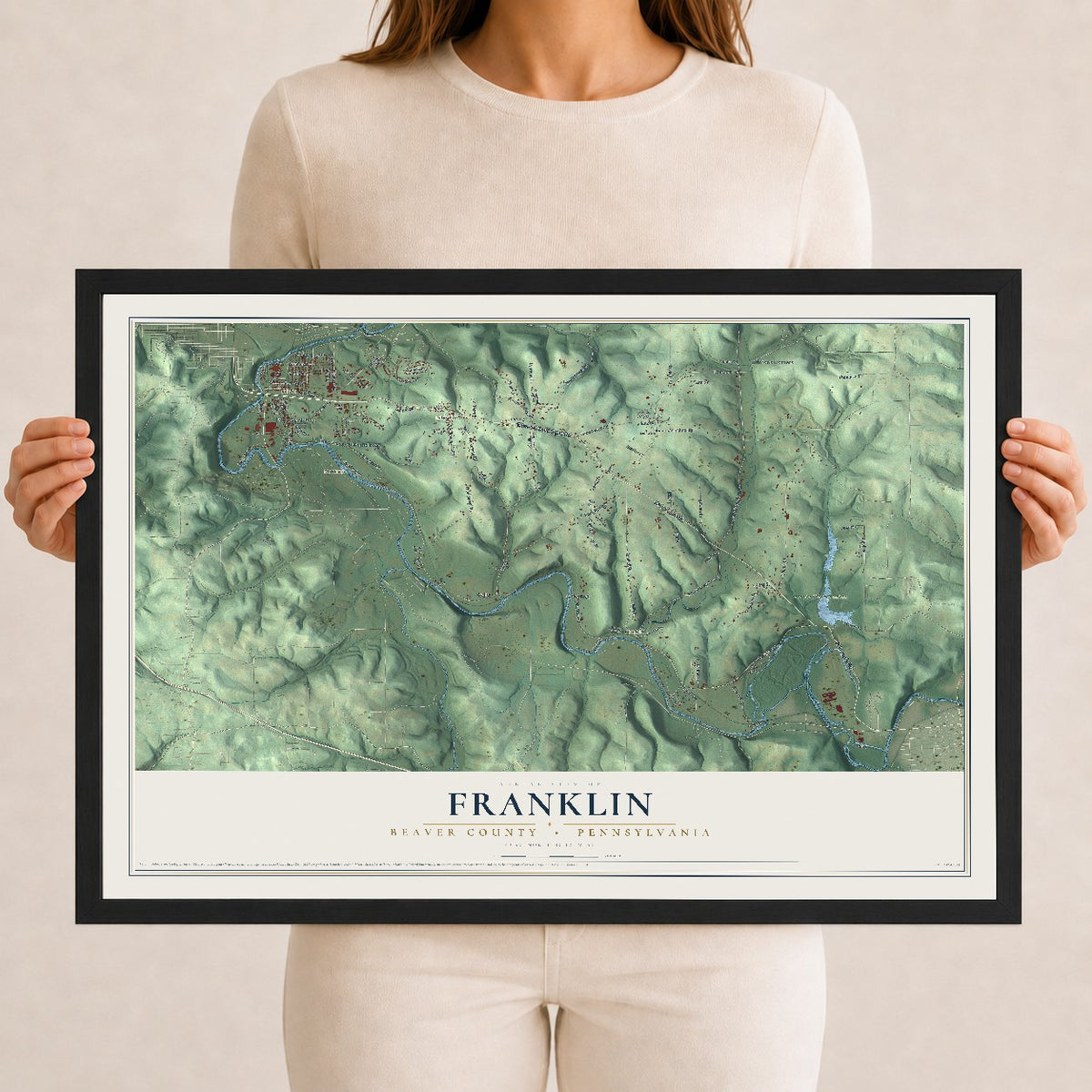 Map of Franklin, Beaver County, Pennsylvania, 12 x 18 inch print in a black wood frame