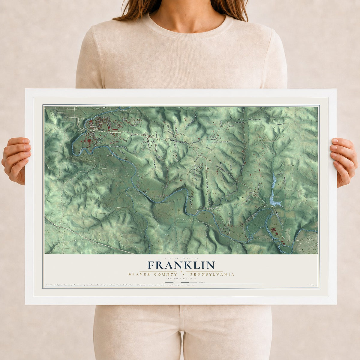 Map of Franklin, Beaver County, Pennsylvania, 12 x 18 inch print in a white wood frame