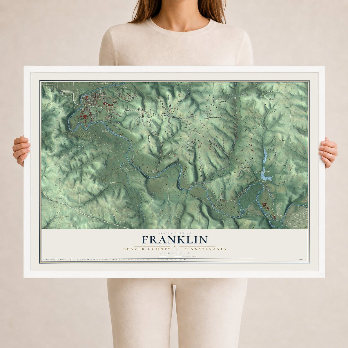 Map of Franklin, Beaver County, Pennsylvania, 24 x 36 inch print in a white wood frame
