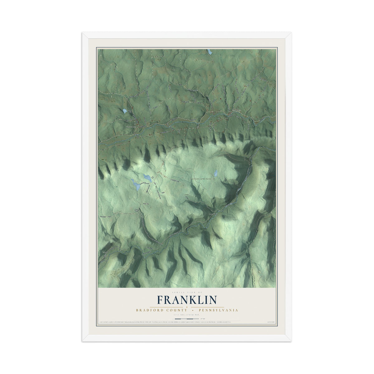 Map of Franklin, Bradford County, Pennsylvania, 12 x 18 inch print in a white wood frame
