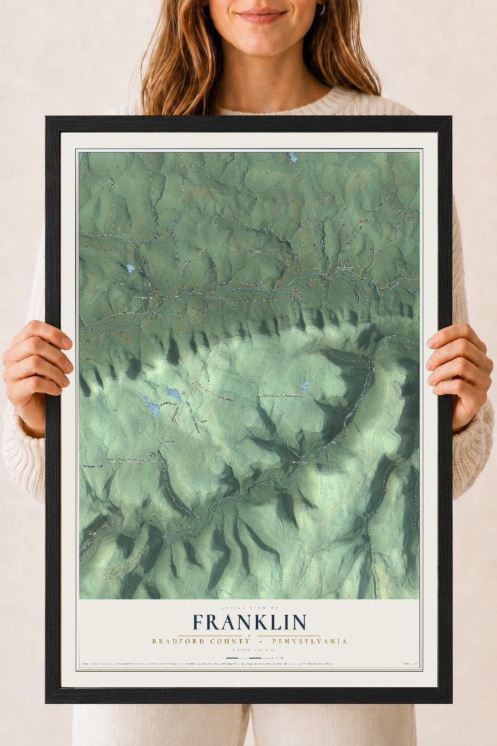 Map of Franklin, Bradford County, Pennsylvania, 18 x 24 inch print in a black wood frame