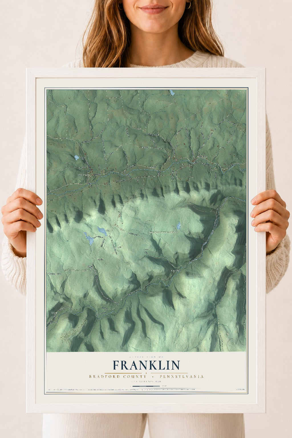 Map of Franklin, Bradford County, Pennsylvania, 18 x 24 inch print in a white wood frame