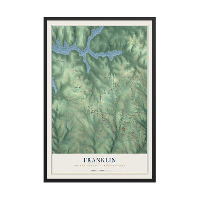 Map of Franklin, Butler County, Pennsylvania, 12 x 18 inch print in a black wood frame