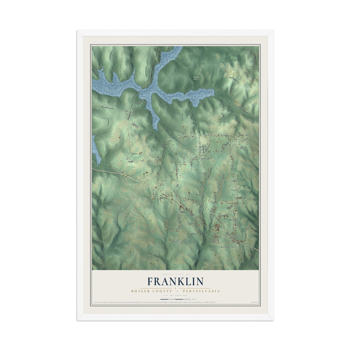 Map of Franklin, Butler County, Pennsylvania, 12 x 18 inch print in a white wood frame