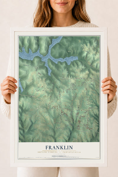 Map of Franklin, Butler County, Pennsylvania, 18 x 24 inch print in a white wood frame