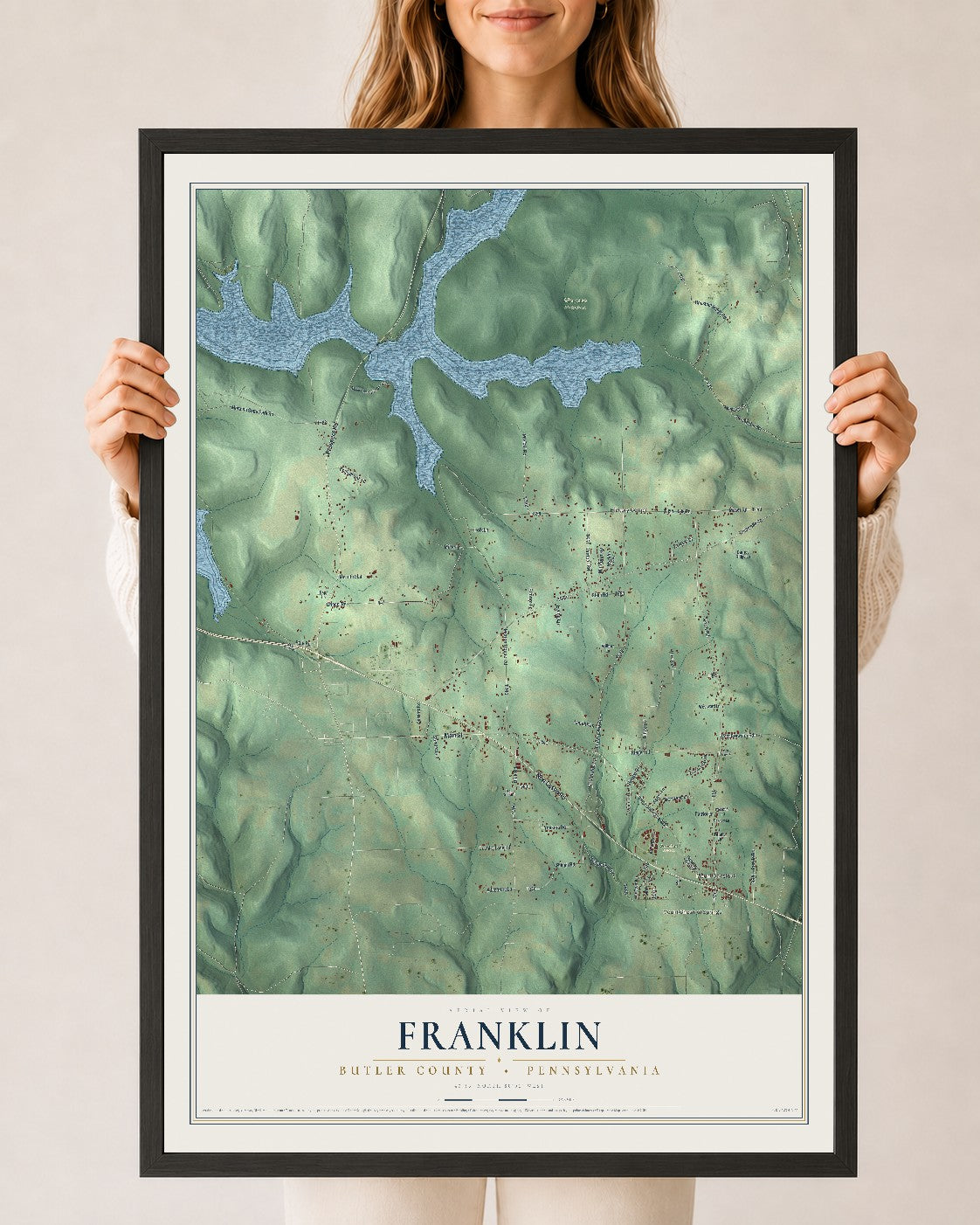 Map of Franklin, Butler County, Pennsylvania, 24 x 36 inch print in a black wood frame