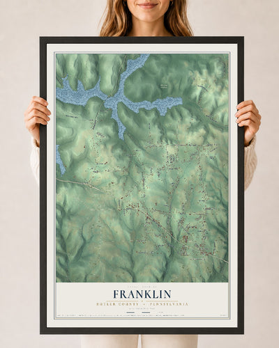Map of Franklin, Butler County, Pennsylvania, 24 x 36 inch print in a black wood frame