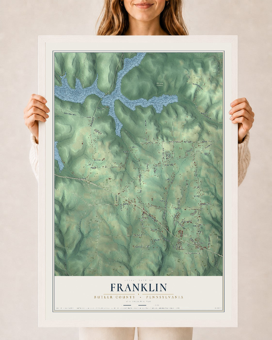 Map of Franklin, Butler County, Pennsylvania, 24 x 36 inch print in a white wood frame