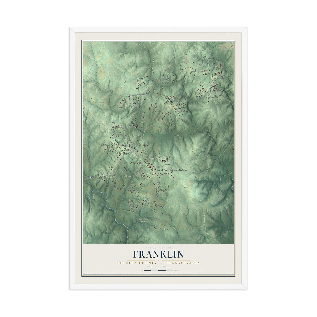 Map of Franklin, Chester County, Pennsylvania, 12 x 18 inch print in a white wood frame