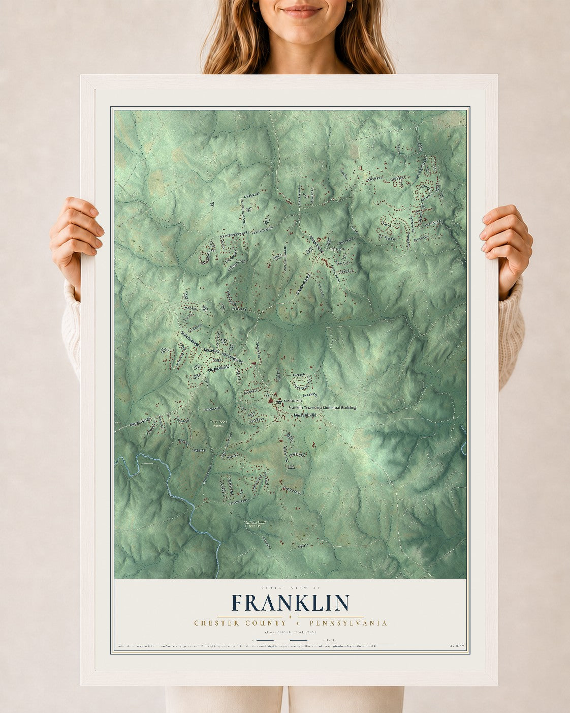 Map of Franklin, Chester County, Pennsylvania, 24 x 36 inch print in a white wood frame