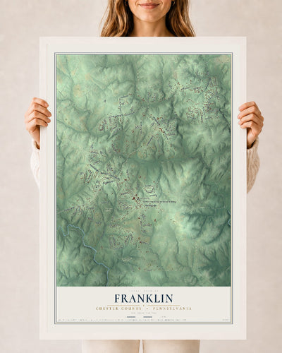 Map of Franklin, Chester County, Pennsylvania, 24 x 36 inch print in a white wood frame