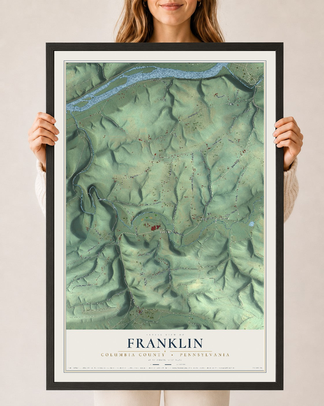 Map of Franklin, Columbia County, Pennsylvania, 24 x 36 inch print in a black wood frame