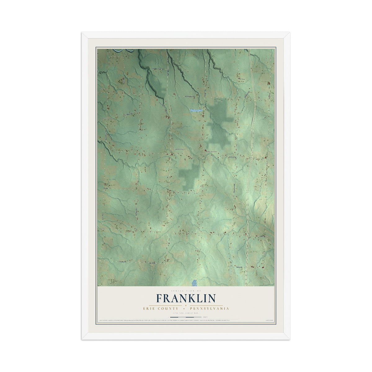 Map of Franklin, Erie County, Pennsylvania, 12 x 18 inch print in a white wood frame