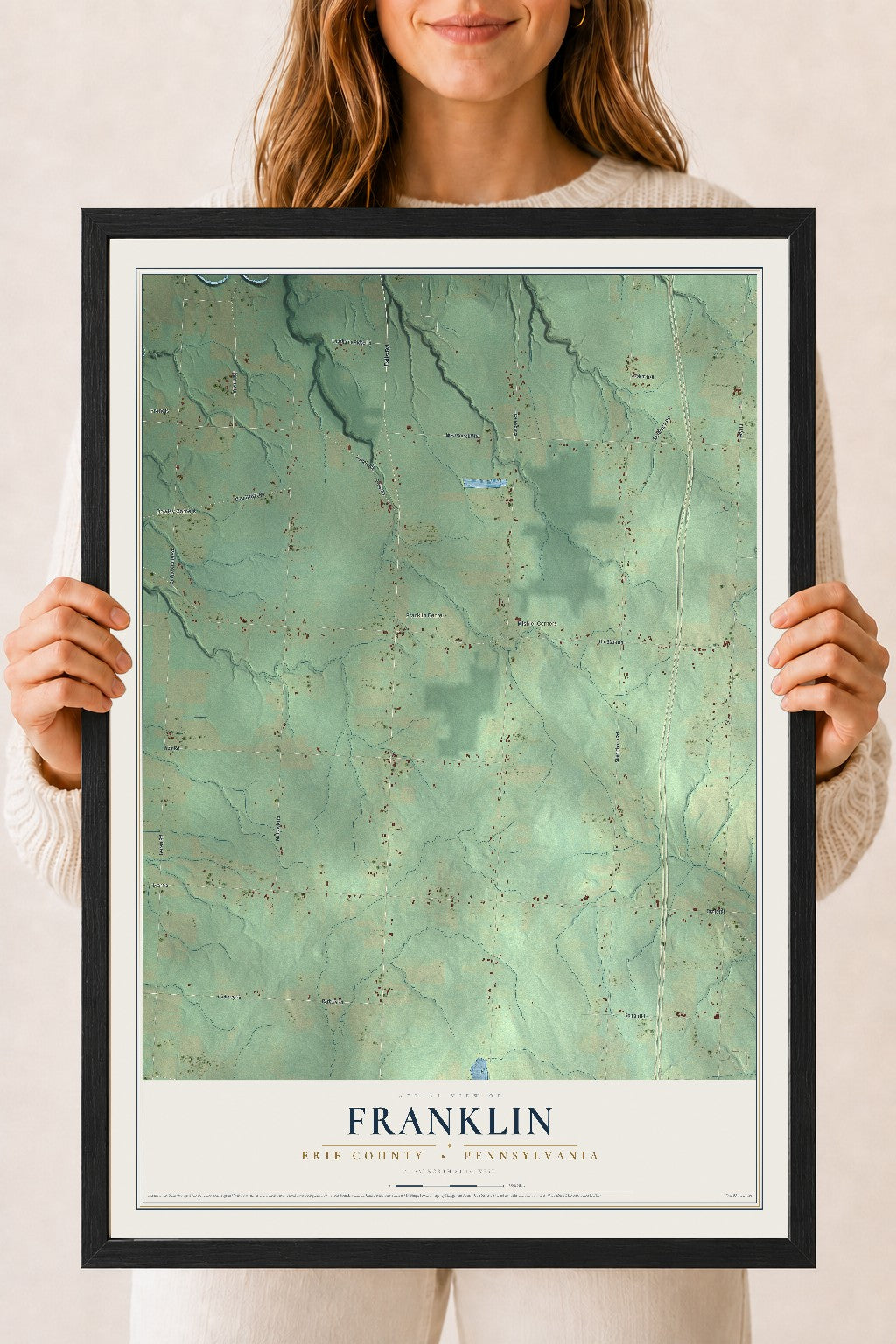 Map of Franklin, Erie County, Pennsylvania, 18 x 24 inch print in a black wood frame