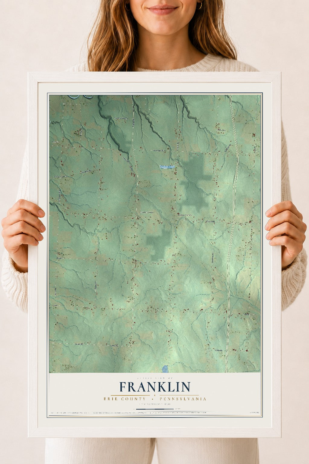 Map of Franklin, Erie County, Pennsylvania, 18 x 24 inch print in a white wood frame
