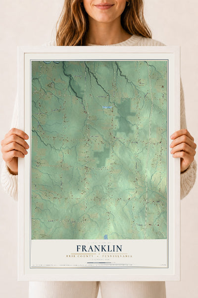 Map of Franklin, Erie County, Pennsylvania, 18 x 24 inch print in a white wood frame