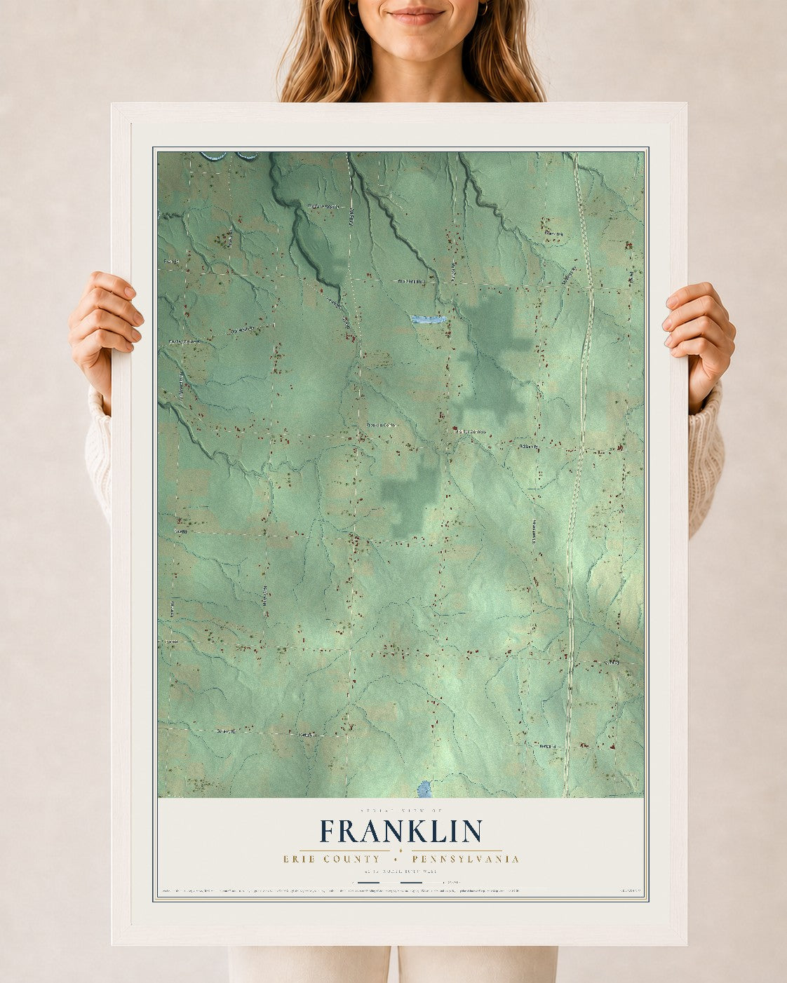 Map of Franklin, Erie County, Pennsylvania, 24 x 36 inch print in a white wood frame
