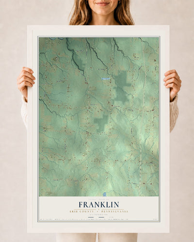 Map of Franklin, Erie County, Pennsylvania, 24 x 36 inch print in a white wood frame