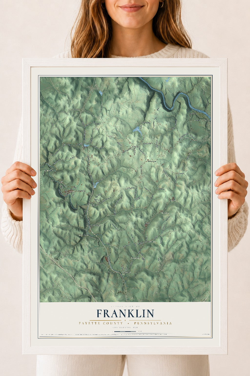 Map of Franklin, Fayette County, Pennsylvania, 18 x 24 inch print in a white wood frame