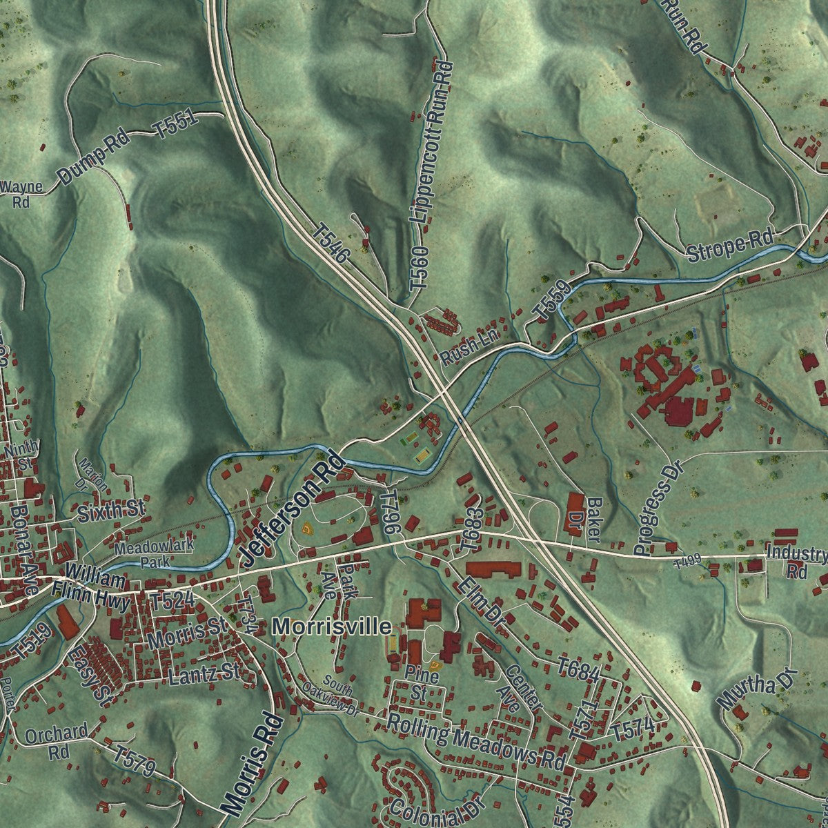 Close-up of the map of Franklin, Greene County, Pennsylvania print showing street and building detail