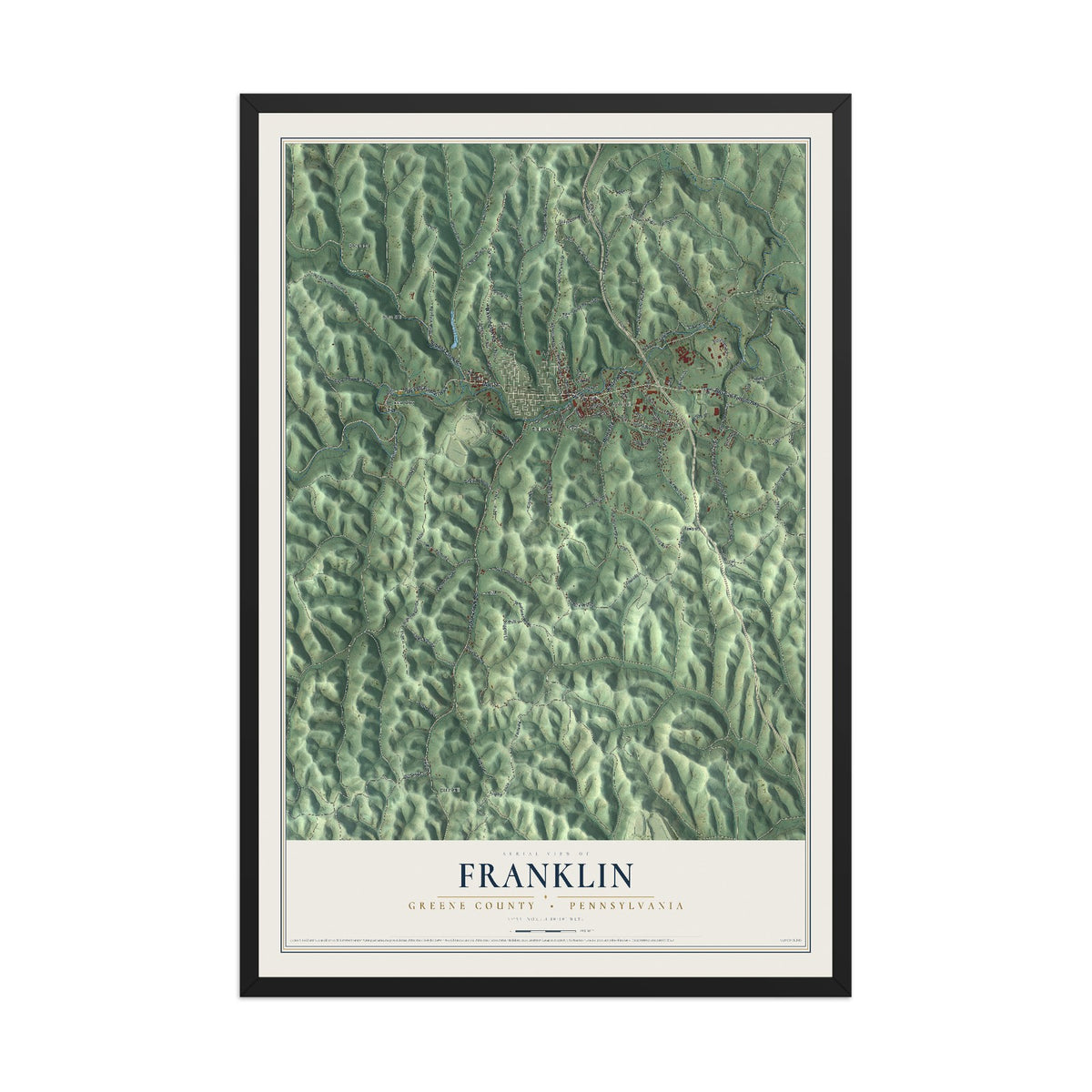 Map of Franklin, Greene County, Pennsylvania, 12 x 18 inch print in a black wood frame