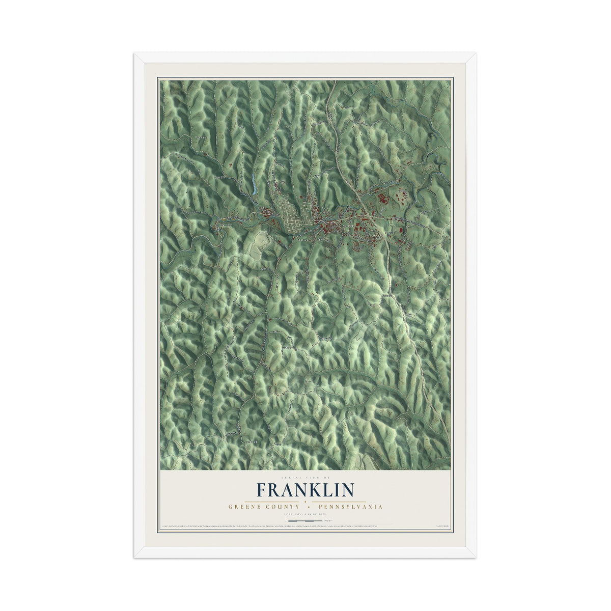 Map of Franklin, Greene County, Pennsylvania, 12 x 18 inch print in a white wood frame