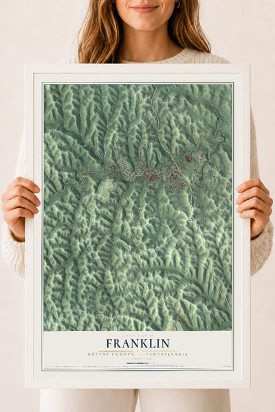 Map of Franklin, Greene County, Pennsylvania, 18 x 24 inch print in a white wood frame