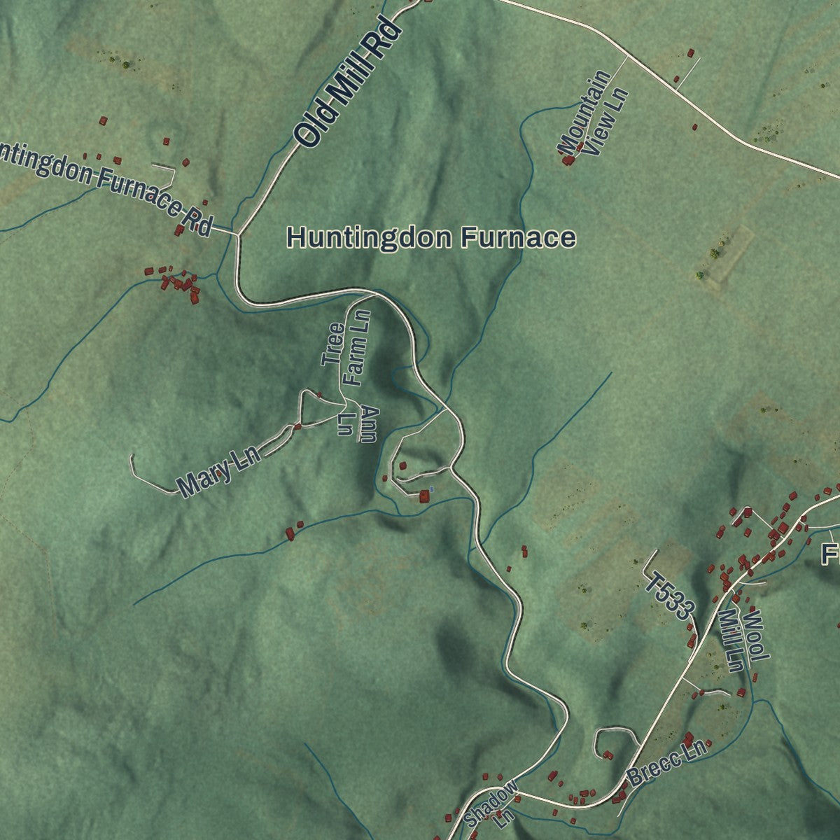 Close-up of the map of Franklin, Huntingdon County, Pennsylvania print showing street and building detail