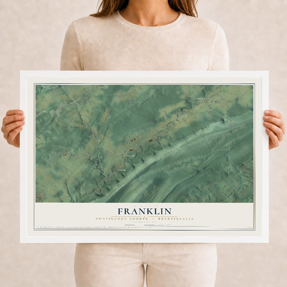 Map of Franklin, Huntingdon County, Pennsylvania, 12 x 18 inch print in a white wood frame