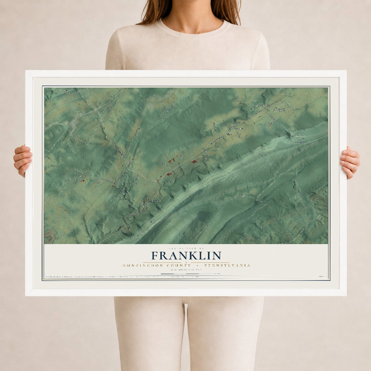 Map of Franklin, Huntingdon County, Pennsylvania, 24 x 36 inch print in a white wood frame
