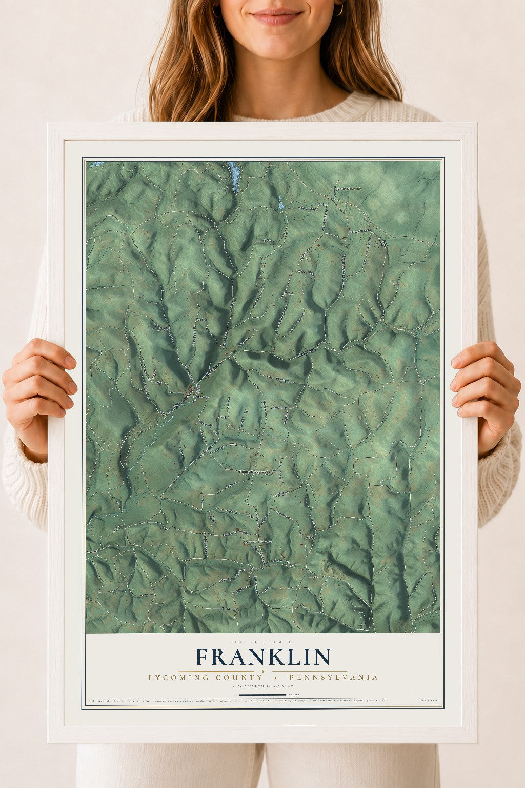 Map of Franklin, Lycoming County, Pennsylvania, 18 x 24 inch print in a white wood frame