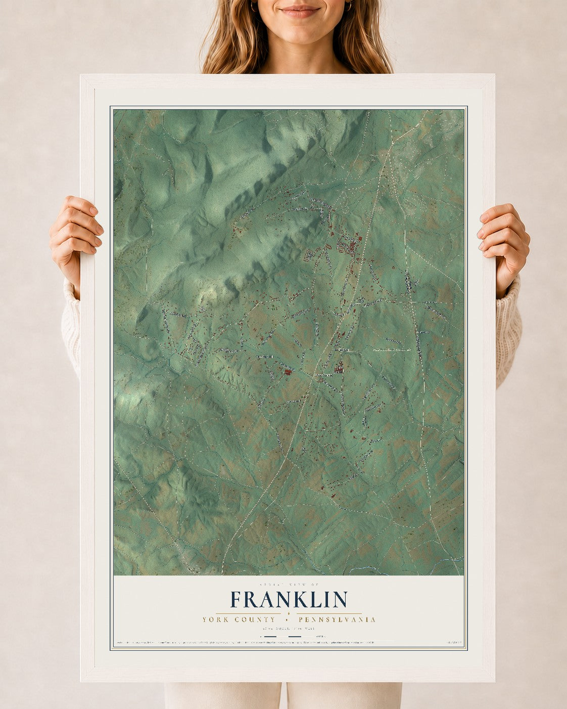 Map of Franklin, York County, Pennsylvania, 24 x 36 inch print in a white wood frame