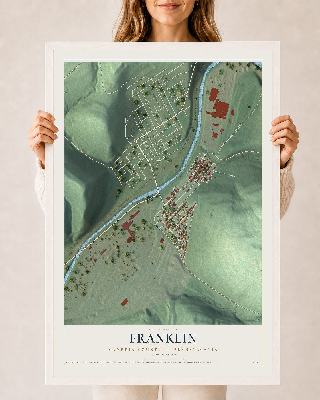 Map of Franklin, Cambria County, Pennsylvania, 24 x 36 inch print in a white wood frame