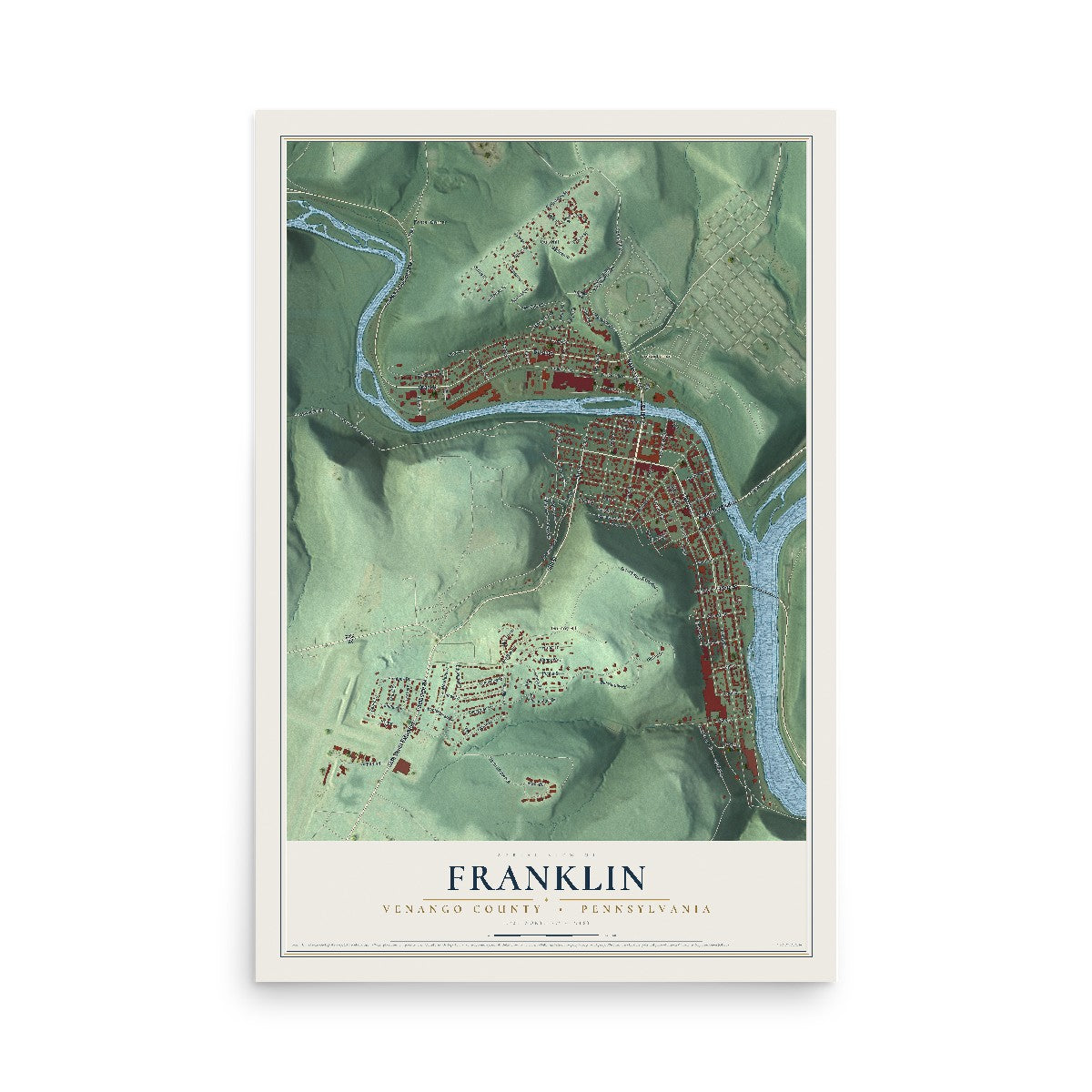 Map of Franklin, Venango County, Pennsylvania, 12 x 18 inch unframed archival matte print