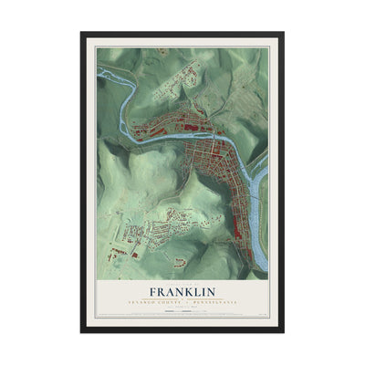 Map of Franklin, Venango County, Pennsylvania, 12 x 18 inch print in a black wood frame