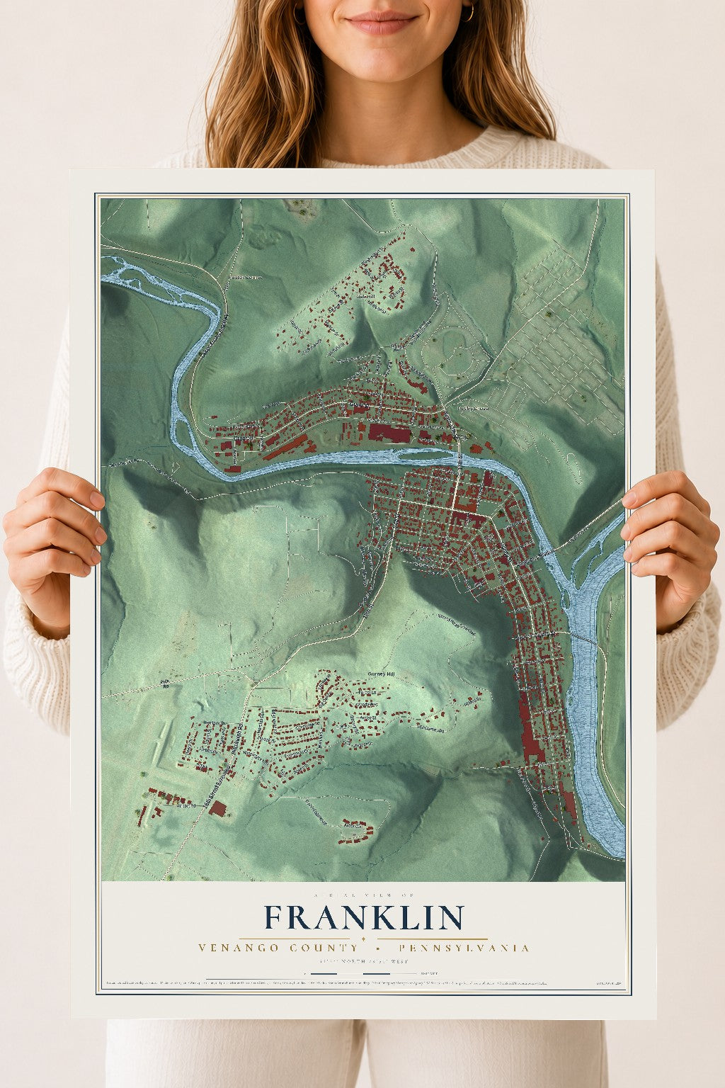 Map of Franklin, Venango County, Pennsylvania, 18 x 24 inch unframed archival matte print