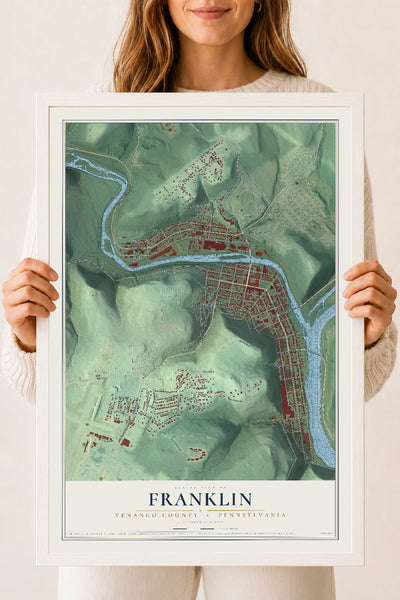 Map of Franklin, Venango County, Pennsylvania, 18 x 24 inch print in a white wood frame