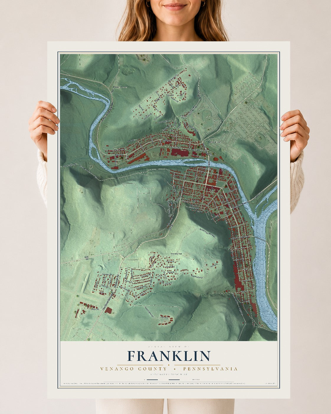 Map of Franklin, Venango County, Pennsylvania, 24 x 36 inch unframed archival matte print