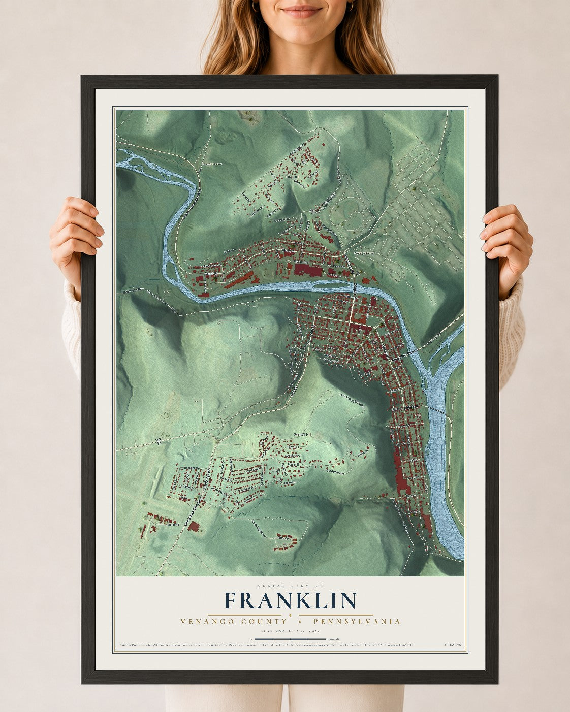 Map of Franklin, Venango County, Pennsylvania, 24 x 36 inch print in a black wood frame